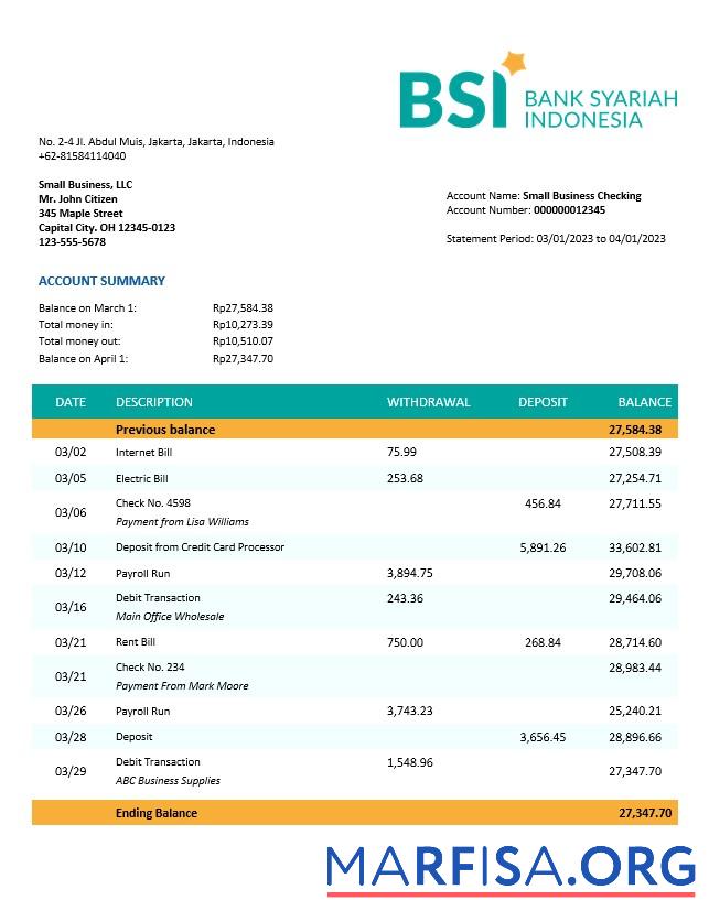 Printable BANK Syariah Indonesia organization checking account statement Word and PDF template